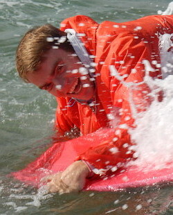 river hiking fully clothed